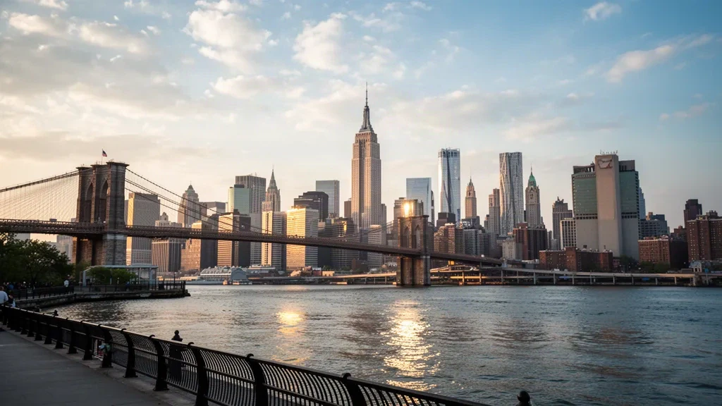 El horizonte de Manhattan y el Puente de Brooklyn sobre el East River a la hora dorada en la ciudad de Nueva York