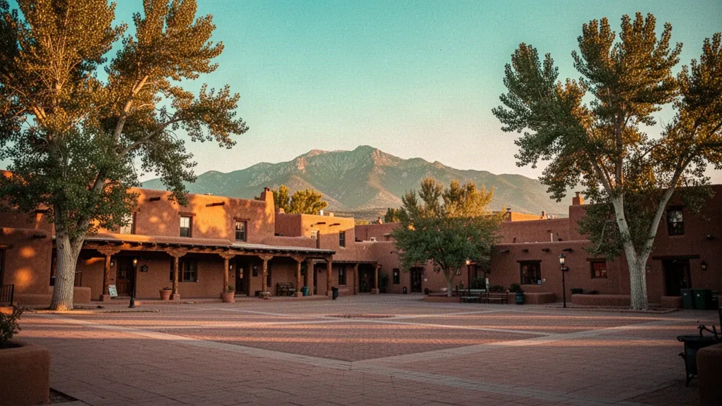 Edifici storici in adobe intorno a Santa Fe Plaza nel New Mexico con le Sangre de Cristo Mountains sullo sfondo in una calda luce dell'ora d'oro