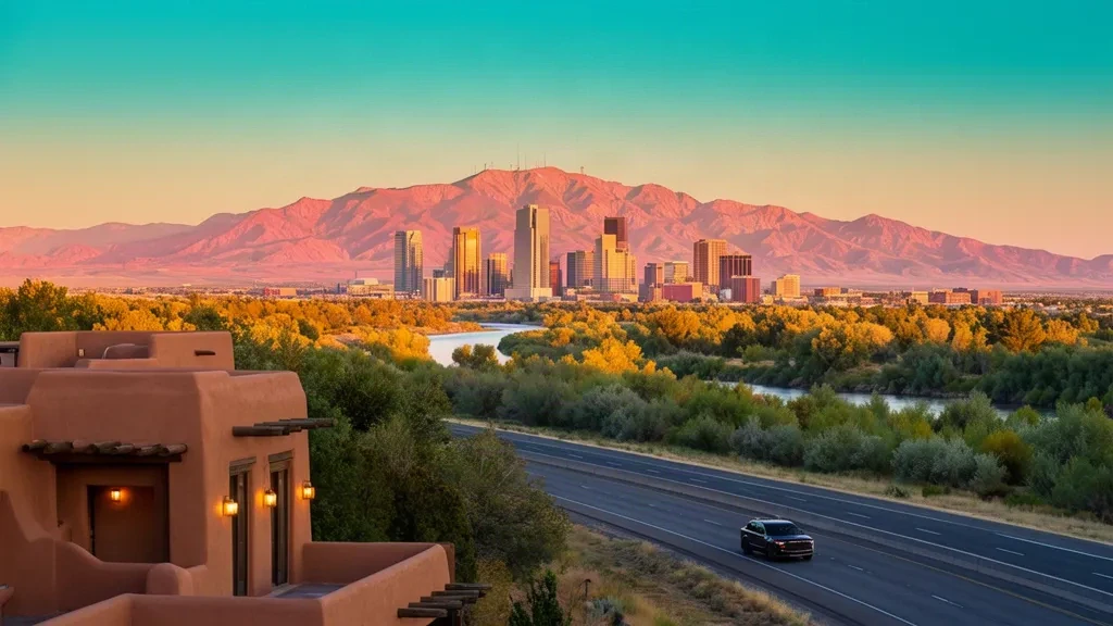 New Mexico'da Sandia Dağları, Rio Grande ve adobe tarzı Old Town mimarisiyle altın saatte Albuquerque silüeti