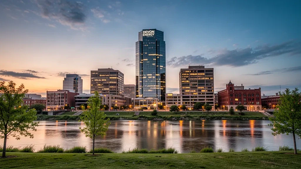 Downtown Oklahoma City skyline at dusk with the Devon Energy Center tower reflected in the water near Bricktown
