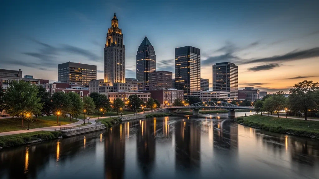 Columbus, Ohio skyline at dusk with the LeVeque Tower rising above the Scioto River and its illuminated riverfront promenade
