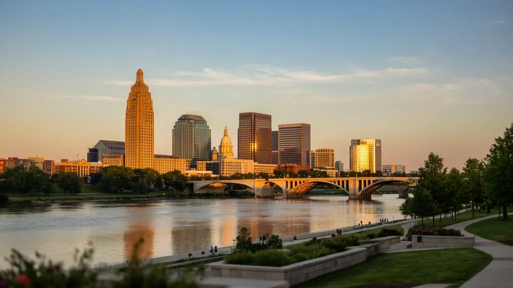 Gün batımında Scioto Nehri boyunca uzanan Downtown Columbus Ohio silüeti, LeVeque Tower ve modern şehir mimarisi