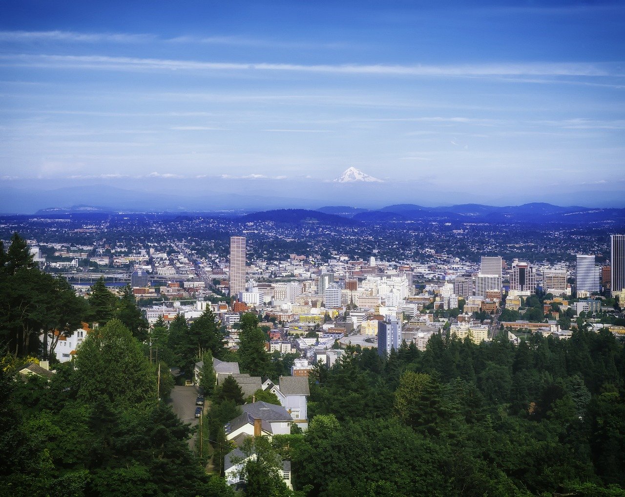 portland, oregon, paisaje urbano, ciudad, ciudades, urbano, árboles, edificios, arquitectura, naturaleza, vista, mount hood, exterior, escénico, cielo, nubes, montañas