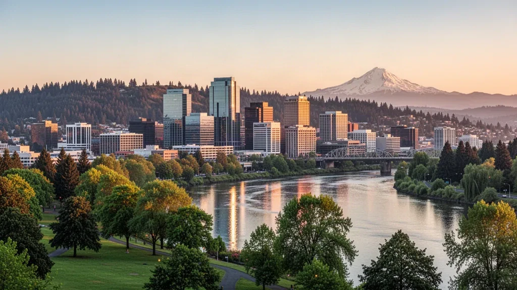 Altın saatte Portland, Oregon silüeti, ufukta Mount Hood ve sıcak ışığı yansıtan Willamette Nehri