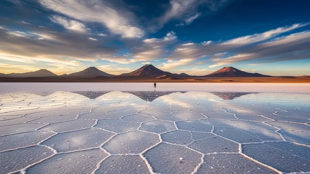 Bolivya'daki engin Salar de Uyuni tuz gölünün altın saatlerde And gökyüzünü yansıtması ve ufukta uzak volkanik zirveler.