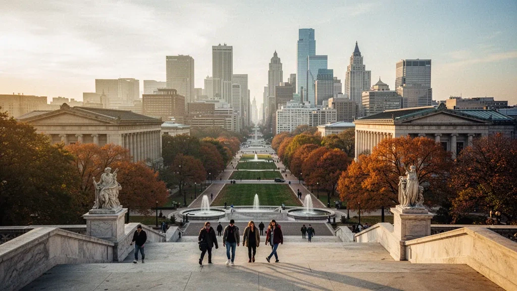 Visitors on the Philadelphia Museum of Art steps overlooking the Benjamin Franklin Parkway and Center City skyline at golden hour