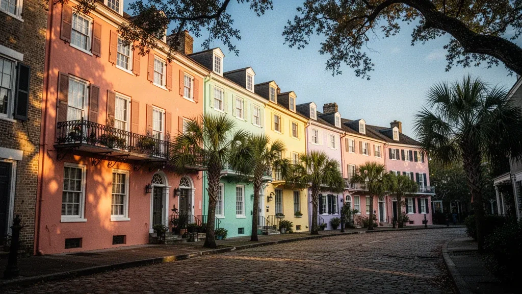 Pastel historic townhouses of Rainbow Row in Charleston, South Carolina, glowing in warm late-afternoon light