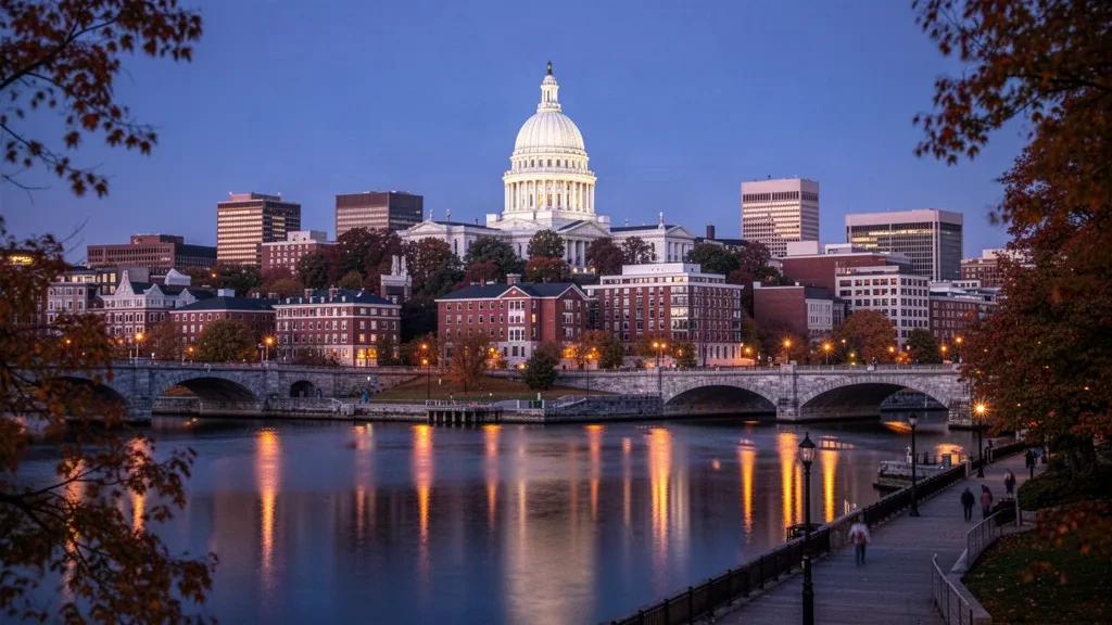 Panorámica de Providence, Rhode Island, al atardecer con la cúpula iluminada del Capitolio elevándose sobre el río y los tejados del centro