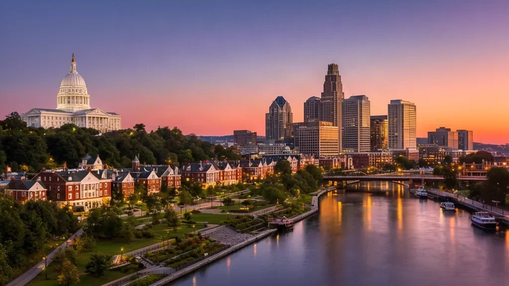 Skyline di Providence, Rhode Island, all'ora d'oro con la cupola del Campidoglio e le torri sul lungofiume riflesse nel fiume Providence