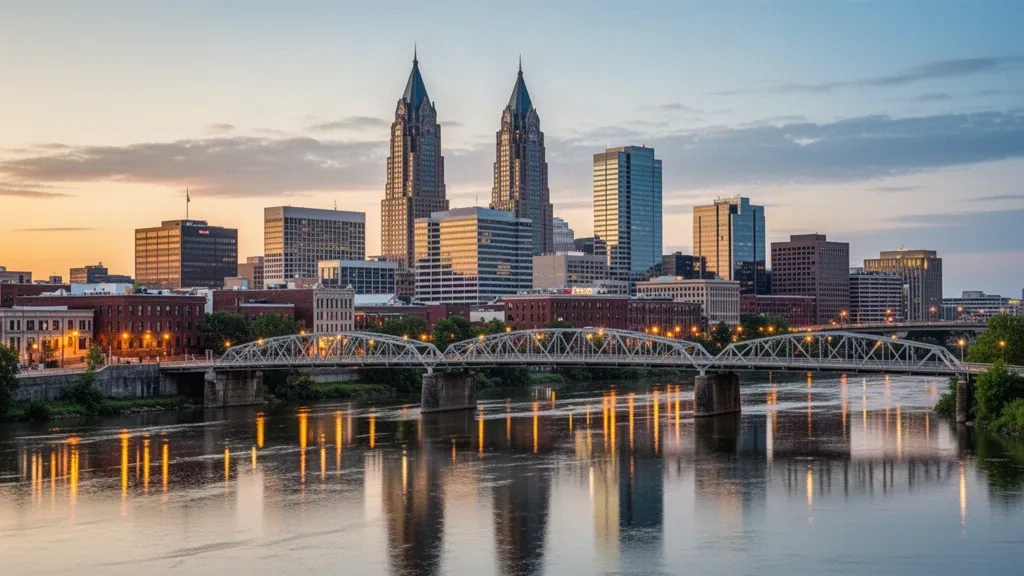Golden-hour view of downtown Nashville, Tennessee skyline with the Cumberland River and distinctive twin-spired Batman Building.
