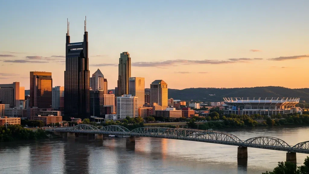 Skyline von Nashville, Tennessee zur goldenen Stunde mit dem Cumberland River und den Türmen der Innenstadt, ideal für Reise- und Transferservices