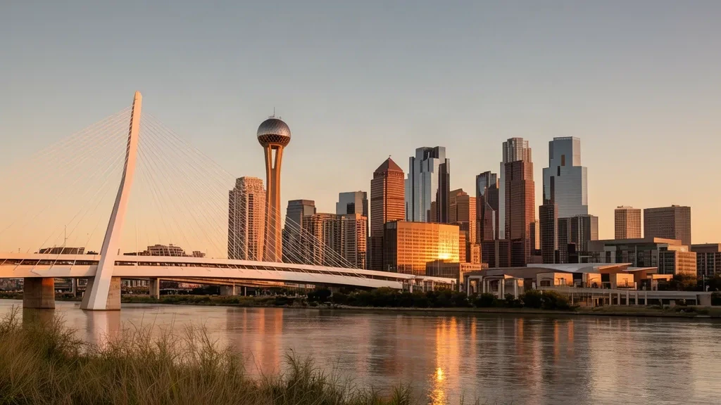 Dallas, Texas skyline at golden hour with Reunion Tower and the Margaret Hunt Hill Bridge spanning the Trinity River