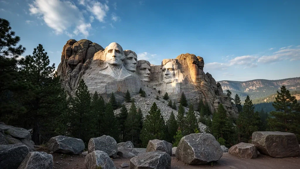 Güney Dakota'nın çam kaplı Black Hills bölgesinin üzerinde, berrak mavi bir gökyüzü altında granite oyulmuş Mount Rushmore Ulusal Anıtı