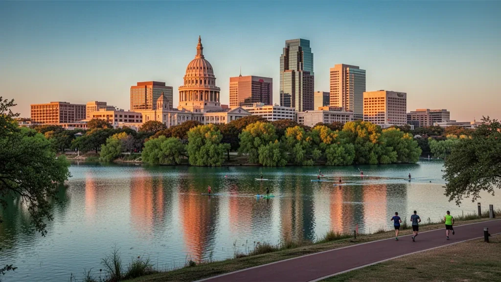 Veduta all'ora dorata dello skyline del centro di Austin, Texas, e del Texas State Capitol riflessi nel Lady Bird Lake