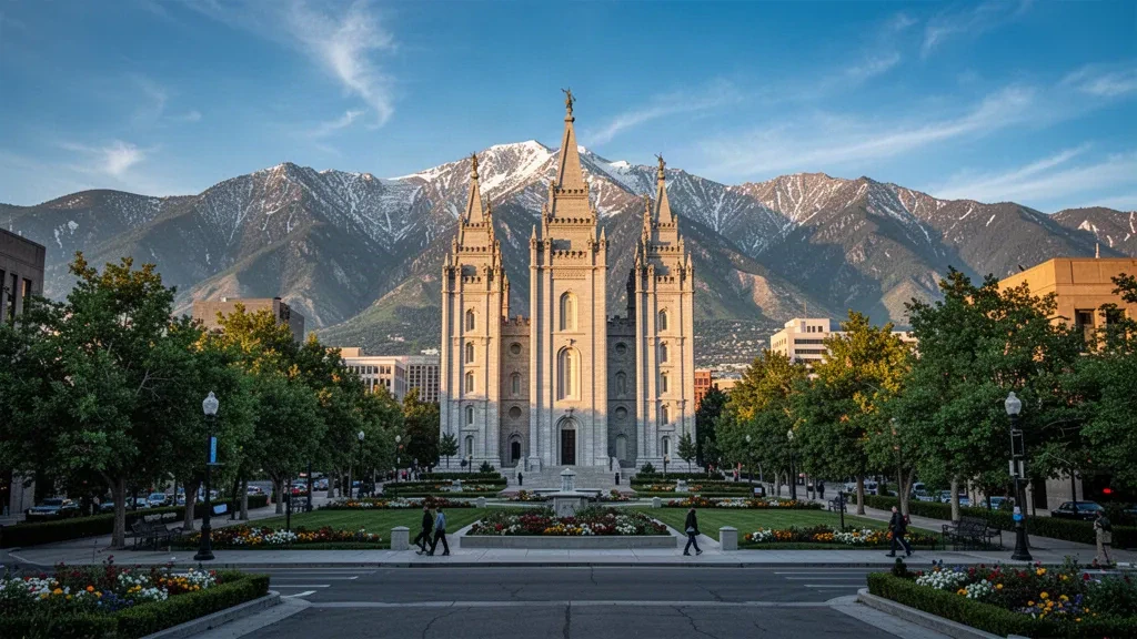 Salt Lake Temple at Temple Square in downtown Salt Lake City, Utah, with the Wasatch Mountains rising behind in late-afternoon light