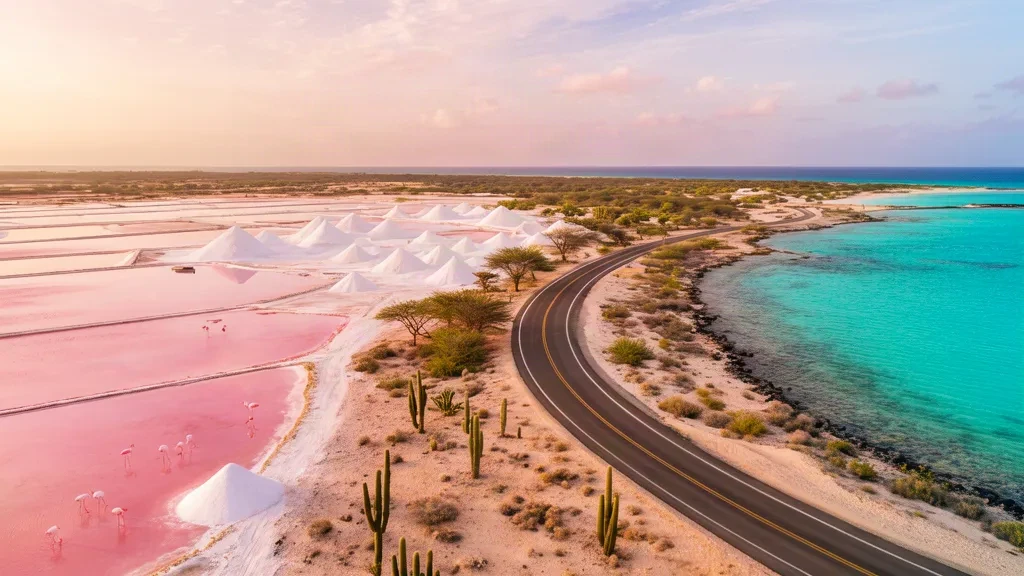 Scenic coastal road through Bonaire salt flats and flamingos in the Caribbean Netherlands