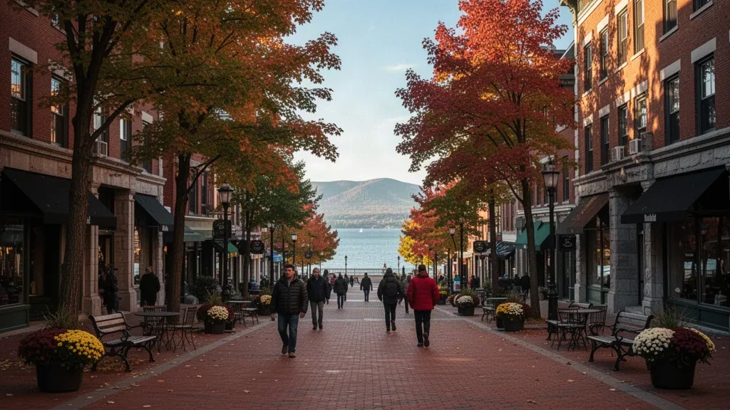 Burlington'ın tuğla döşemeli Church Street Marketplace'inde sonbahar öğleden sonrası, tarihi dükkan cepheleri ve akçaağaç yaprakları, ötede Champlain Gölü