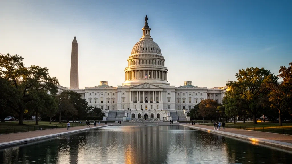 United States Capitol and Washington Monument seen across the National Mall reflecting pool at golden hour in Washington, DC
