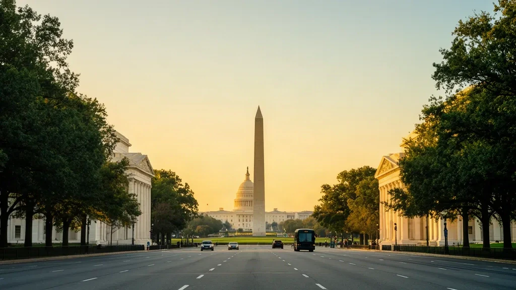 Altın saatlerde National Mall'ın üzerinde yükselen Washington Anıtı ve Capitol kubbesi, Washington, D.C.'de ağaçlarla çevrili bir caddeyle çerçevelenmiş.