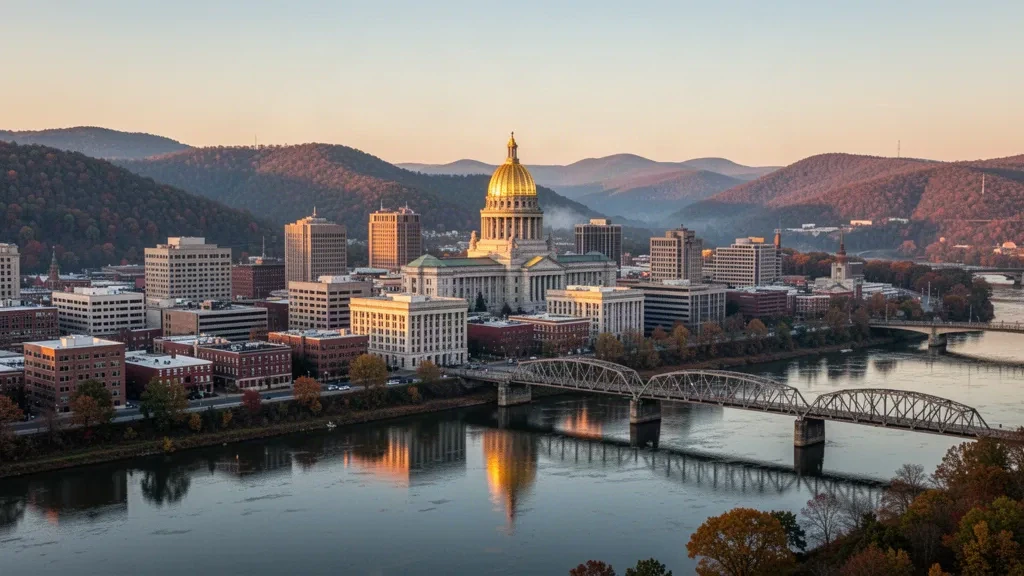 Goldene Kuppel des West Virginia State Capitol, die zur goldenen Stunde über der Skyline der Innenstadt von Charleston und dem Kanawha River aufragt