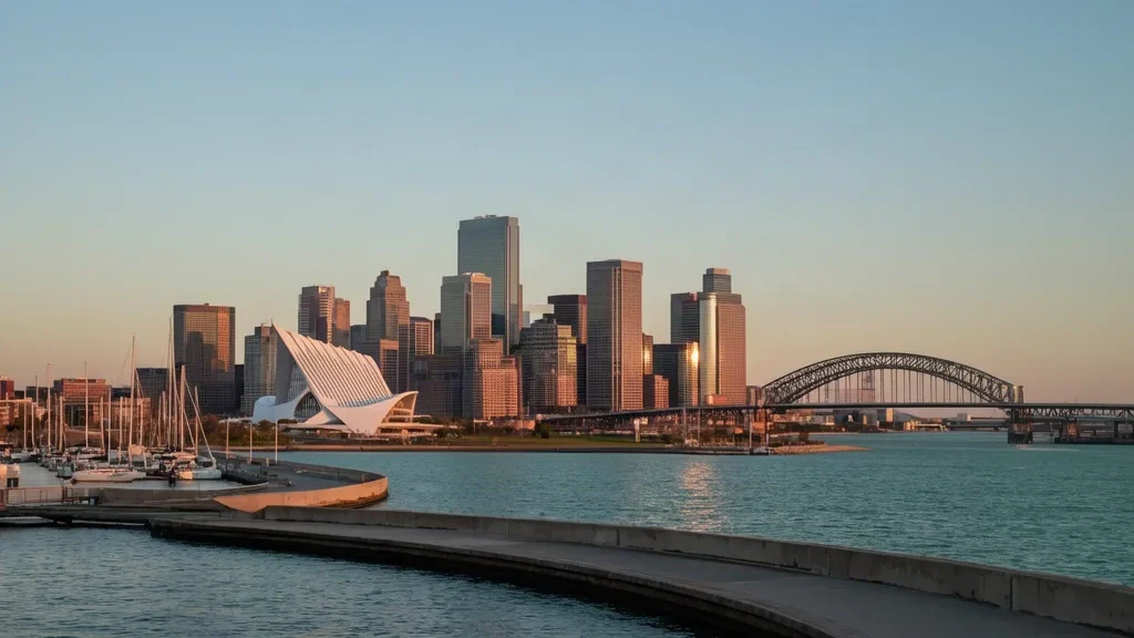 El horizonte de Milwaukee a la hora dorada con las alas del Museo de Arte y el puente Hoan vistos a través del lago Míchigan, Wisconsin