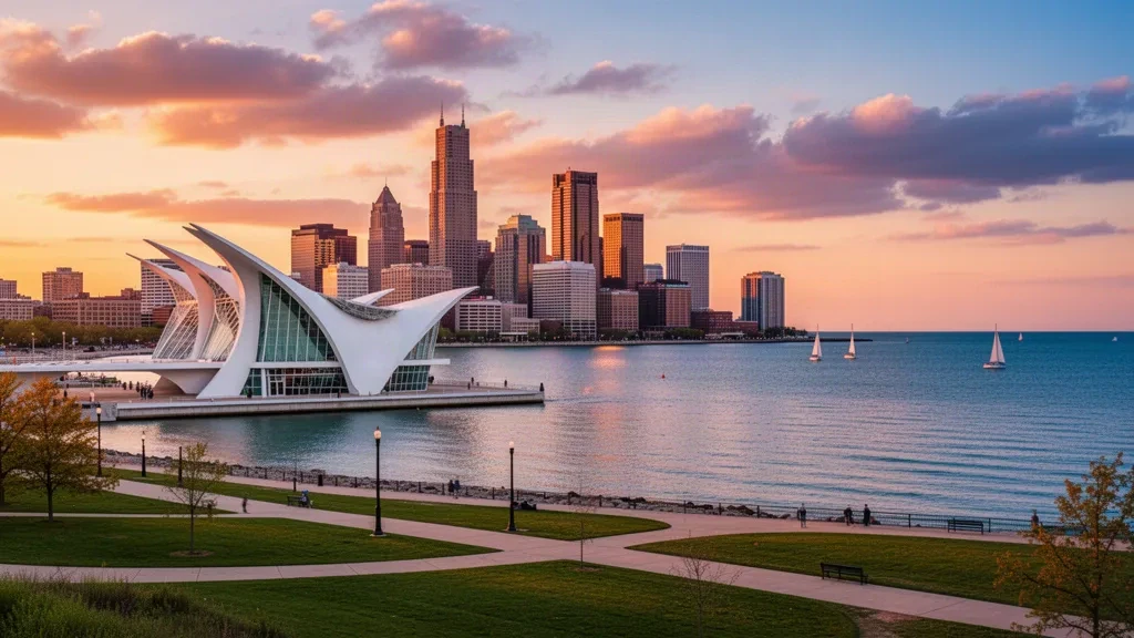 Skyline di Milwaukee all'ora d'oro con il Milwaukee Art Museum e il lungolago del Lago Michigan, che rappresenta la città più grande del Wisconsin.