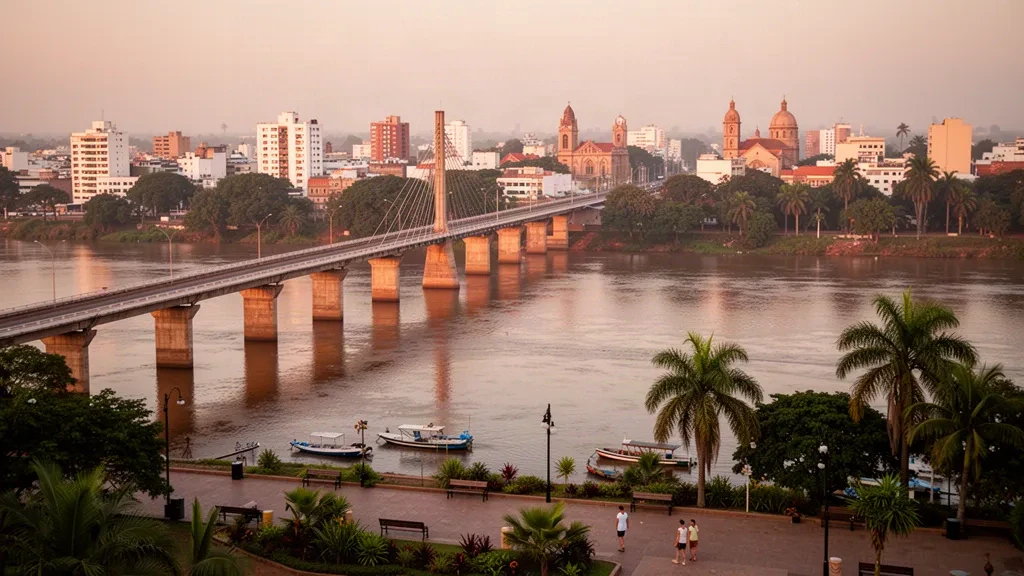 Vista de Resistencia, Chaco, Argentina, durante la hora dorada, con el Puente General Belgrano sobre el río Paraná y su horizonte ribereño.
