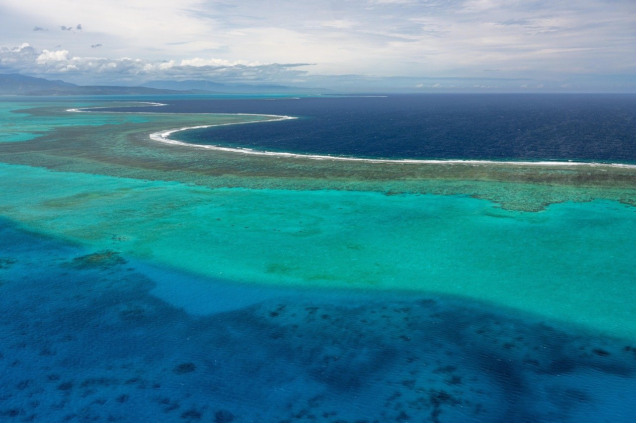 lagoon, ocean, sea, coastline, atoll, coral reef, seascape, seashore, coast, wave, nature, water, new caledonia, aerial view