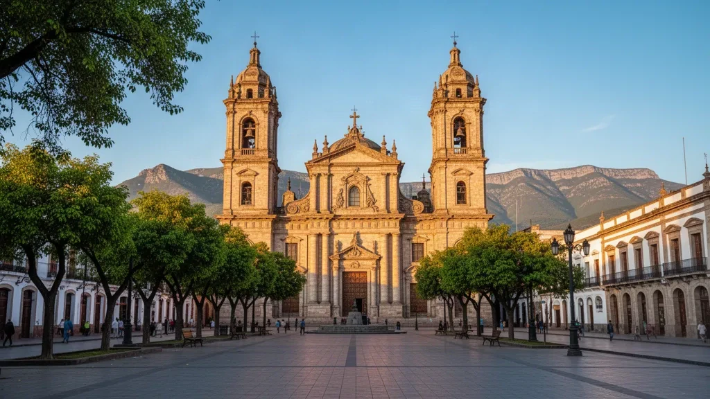 Córdoba Cathedral and Plaza San Martín in Córdoba, Argentina, glowing in warm late-afternoon light