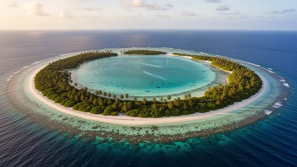 Vue aérienne du lagon turquoise et des îlots tropicaux luxuriants de l'atoll de Palmyra dans l'océan Pacifique