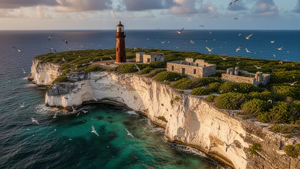 El histórico faro de la isla de Navassa y sus escarpados acantilados blancos sobre el mar Caribe.