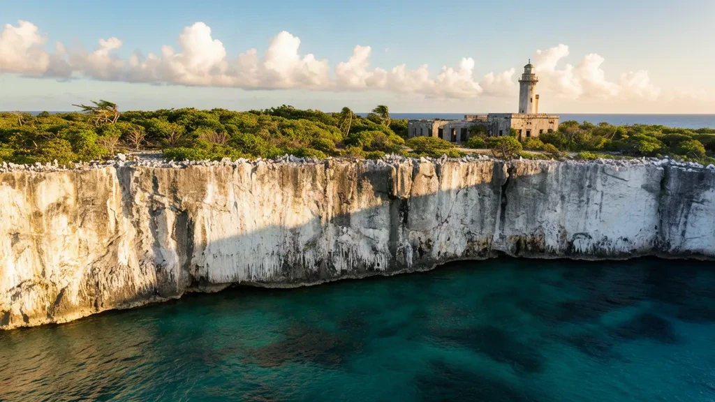 Falaises calcaires abruptes et phare abandonné de l'Île de Navassa s'élevant au-dessus de la mer des Caraïbes turquoise