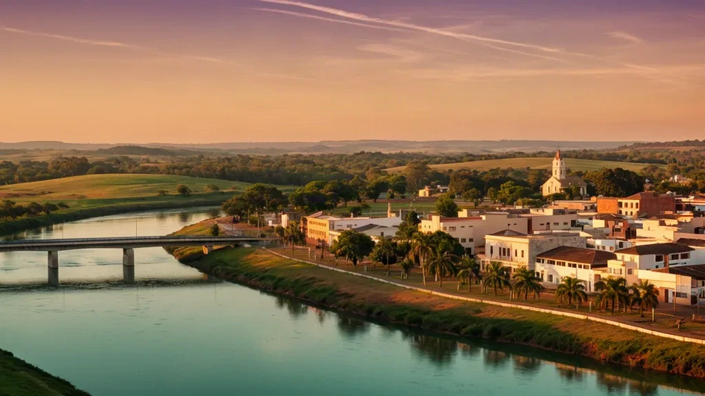 Golden-hour view of Artigas, Uruguay, with its low-rise skyline, church tower and the Cuareim River border crossing to Brazil.