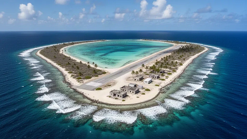 Vista aérea del atolón de coral de la Isla Wake, la laguna turquesa, la pista de aterrizaje y el borde del arrecife en el remoto océano Pacífico