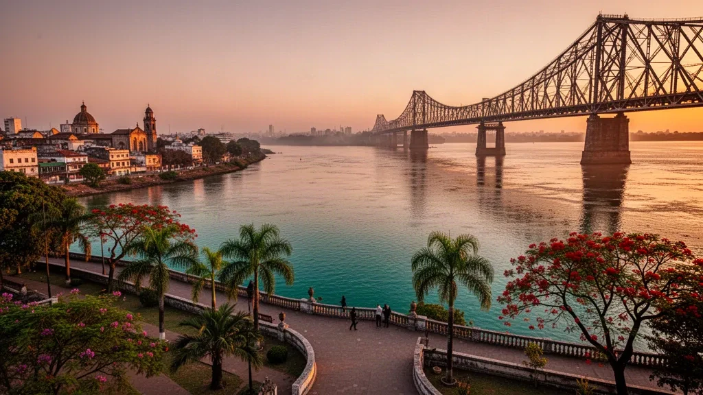 Golden-hour view of the Corrientes riverfront promenade and the Belgrano Bridge over the Paraná River in Argentina