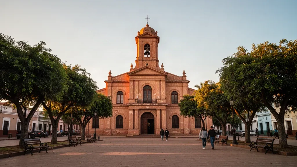 Cathédrale de San Eugenio à Artigas, en Uruguay, à l'heure dorée avec la Plaza Artigas et des piétons