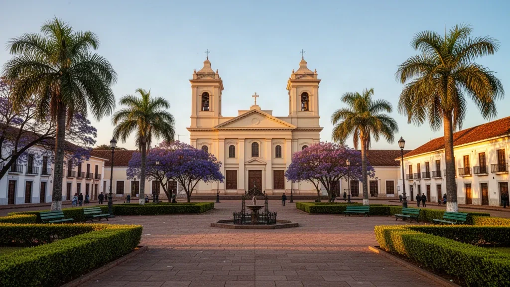 Golden-hour view of Melo's central plaza and cathedral in Cerro Largo, Uruguay, framed by palms and low colonial buildings