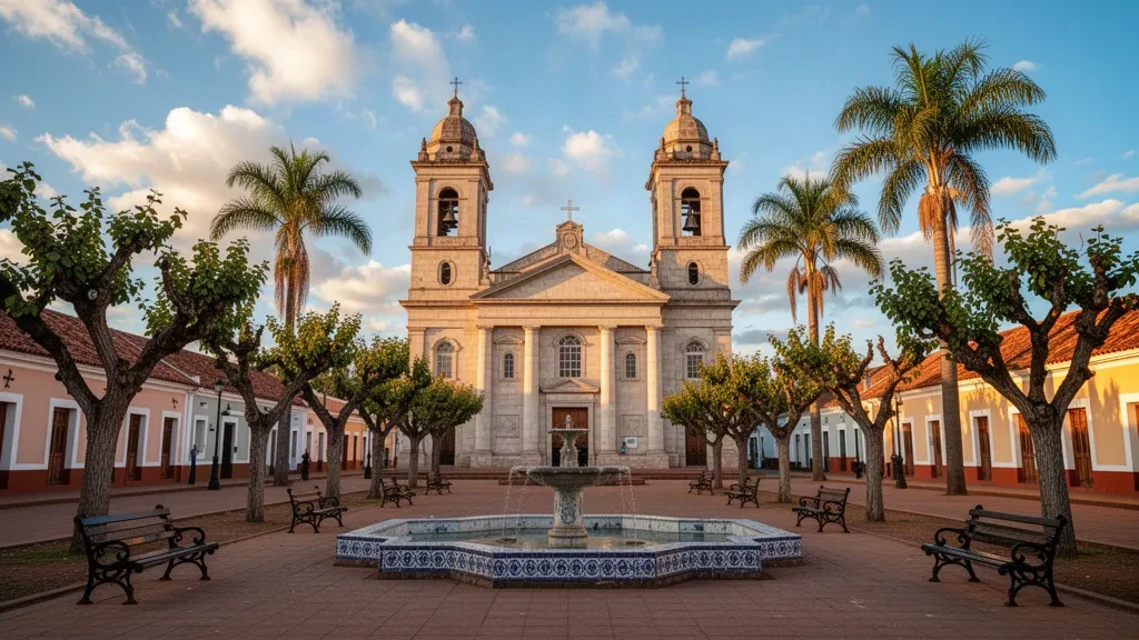 Sonnenbeschienene Kathedrale San Pedro an der Plaza Independencia in Durazno, Uruguay