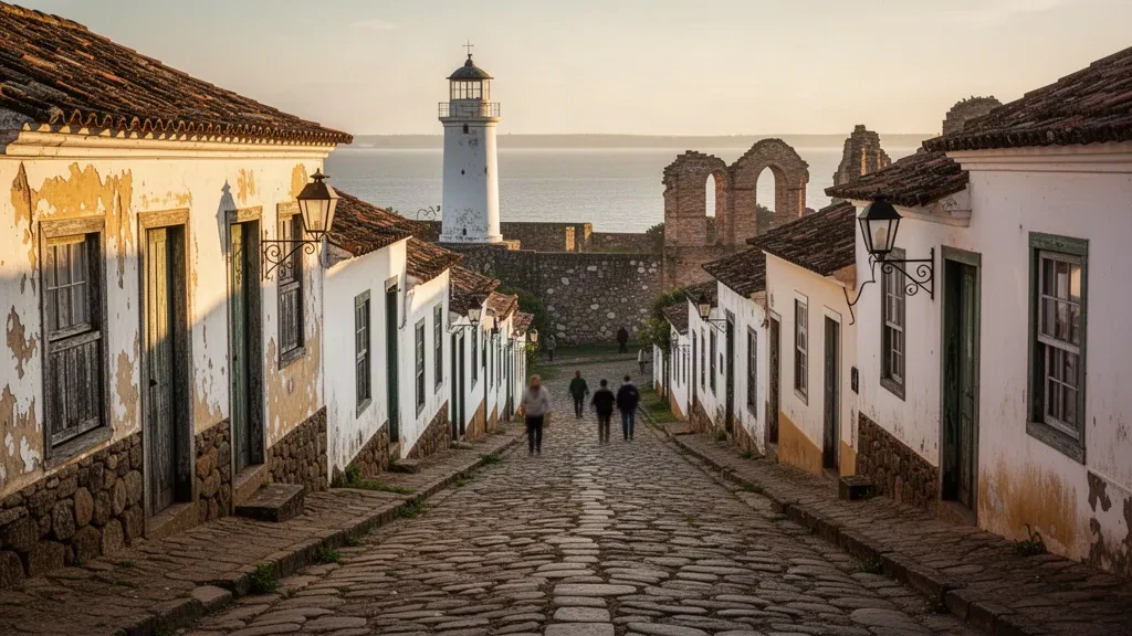 Kopfsteinpflasterstraße Calle de los Suspiros im historischen Viertel von Colonia del Sacramento, Uruguay, mit Kolonialhäusern und dem Leuchtturm zur goldenen Stunde