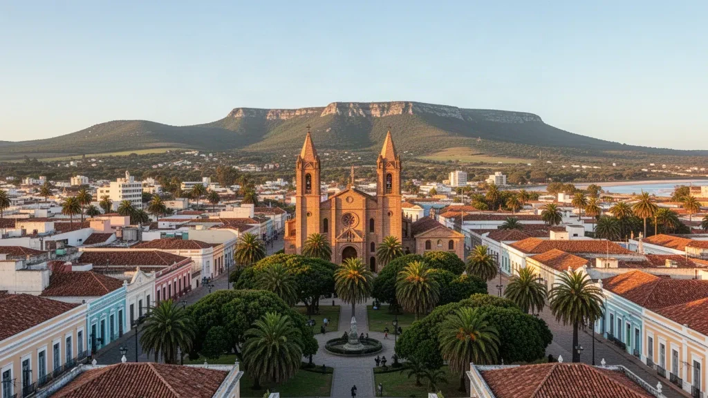 Golden-hour view over Maldonado, Uruguay, with the twin towers of San Fernando Cathedral rising above Plaza San Fernando