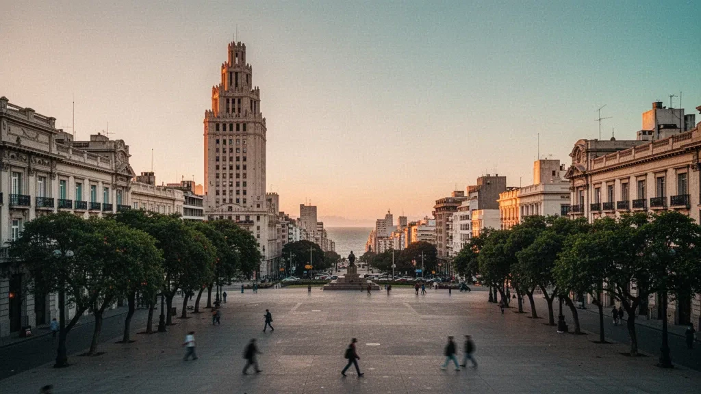 Montevideo, Uruguay'da Plaza Independencia üzerinde altın saat manzarası; Palacio Salvo kulesi tarihi cephelerin üzerinde yükseliyor