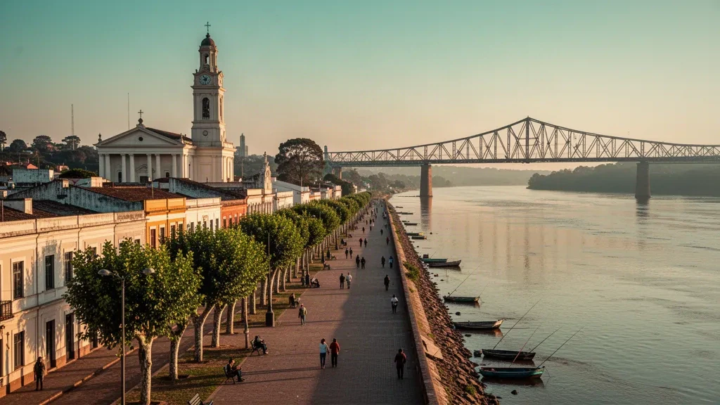 Uferpromenade in Paysandú, Uruguay, mit der Basílica del Rosario und dem Río Uruguay bei Sonnenuntergang