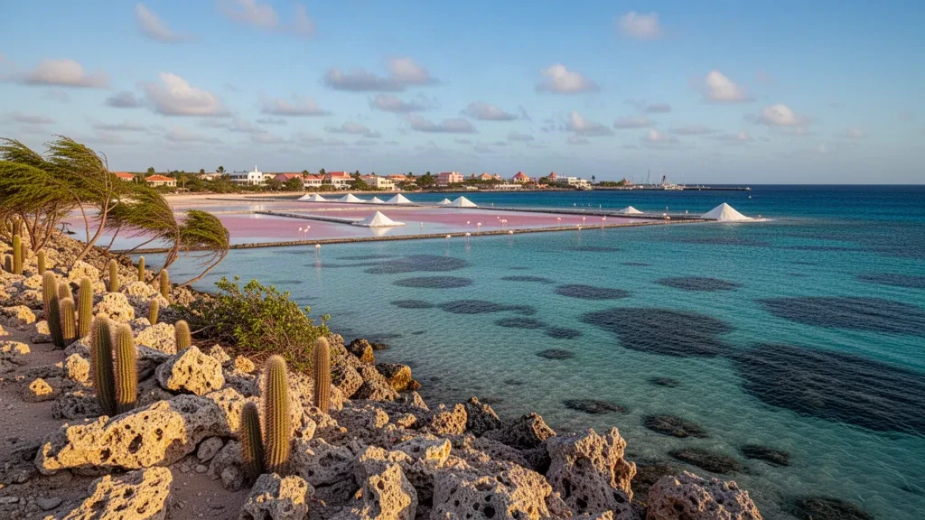 Türkisfarbene Küste von Bonaire in den Karibischen Niederlanden mit Kerzenkakteen, Divi-Divi-Bäumen und Flamingos an den Salzpfannen