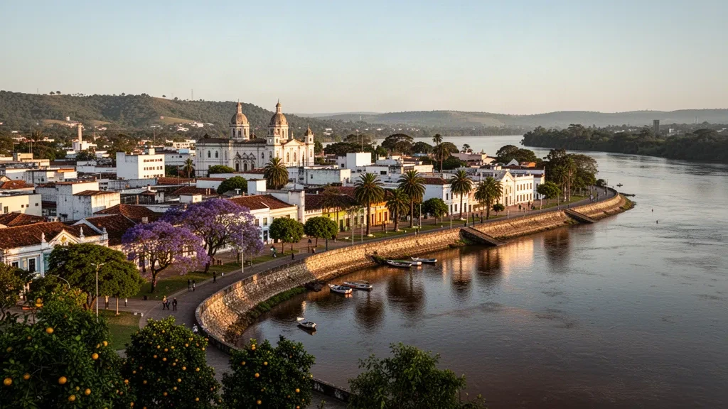Veduta all'ora d'oro di Salto, Uruguay, con il suo skyline sul fiume e il lungofiume lungo il fiume Uruguay