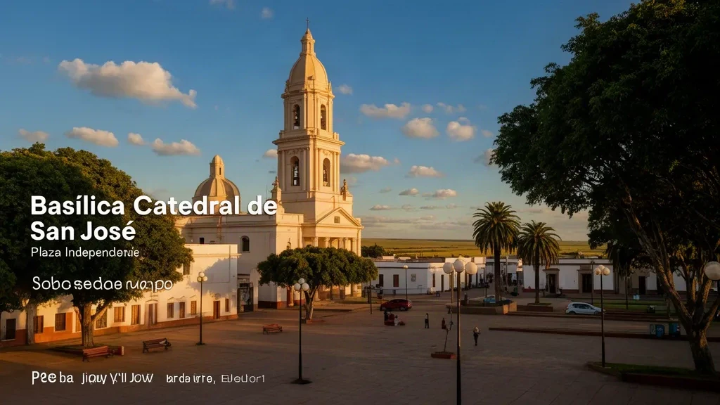 Blick zur goldenen Stunde auf San José de Mayo in Uruguay, mit dem Glockenturm der Kathedrale über Palmen der Plaza Independencia und kolonialen Fassaden