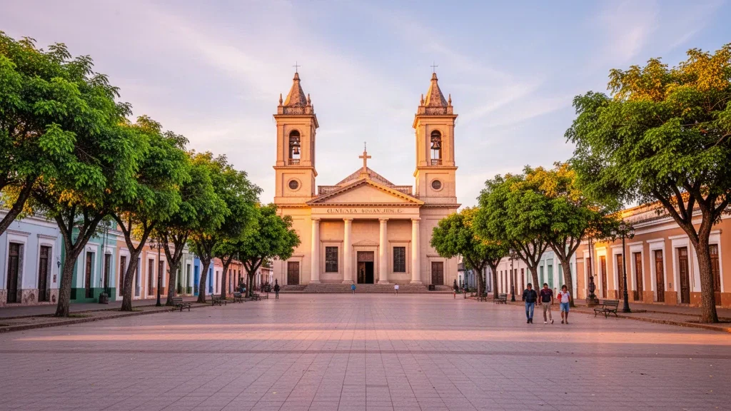 Uruguay'ın San José de Mayo kentindeki tarihi Plaza Independencia; neoklasik katedral ve sıcak akşam ışığında yemyeşil ağaçlar.