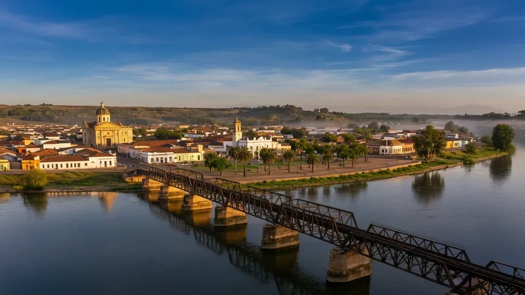Golden-hour view of Mercedes, Soriano, Uruguay, with the Río Negro river, historic iron bridge and cathedral skyline