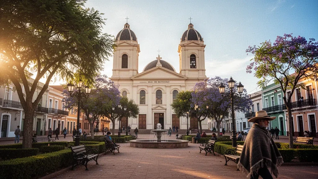 Plaza 19 de Abril and the San Fructuoso cathedral in Tacuarembó, Uruguay, glowing in warm golden-hour light