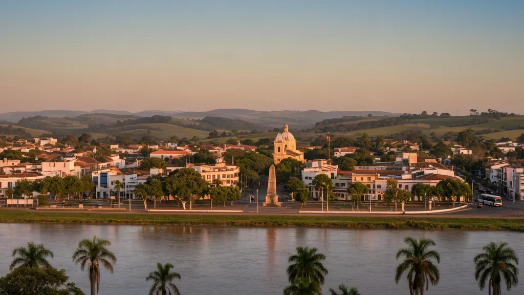 Golden-hour view of Treinta y Tres, Uruguay, with the Olimar River, the central plaza and a low-rise city skyline