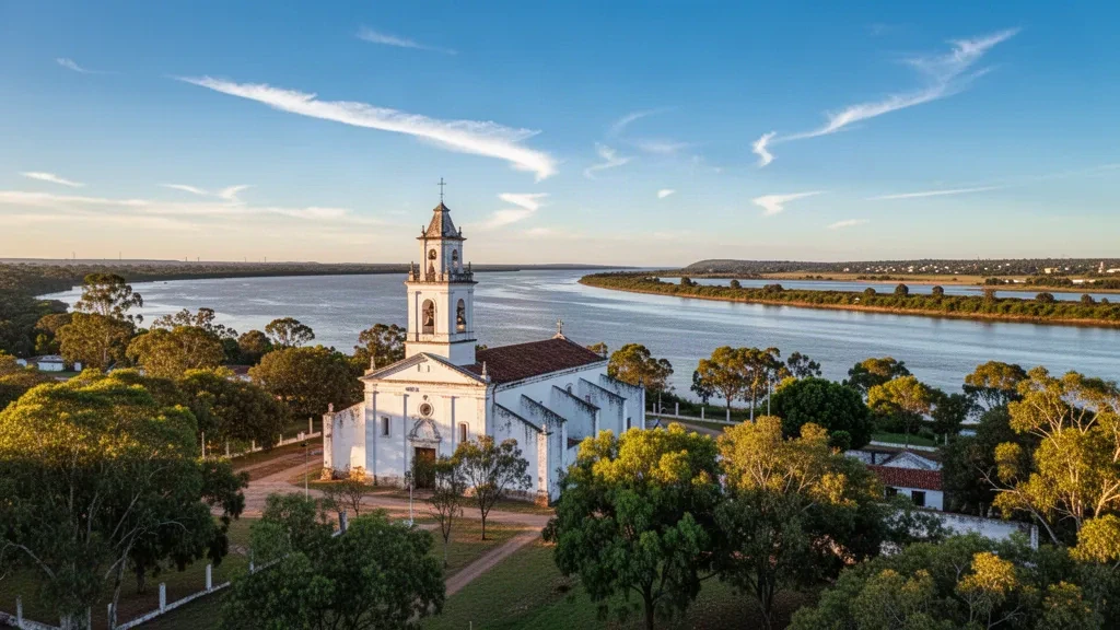 Storica Iglesia de Santo Domingo a Villa Soriano, Uruguay, affacciata sul fiume al tramonto.